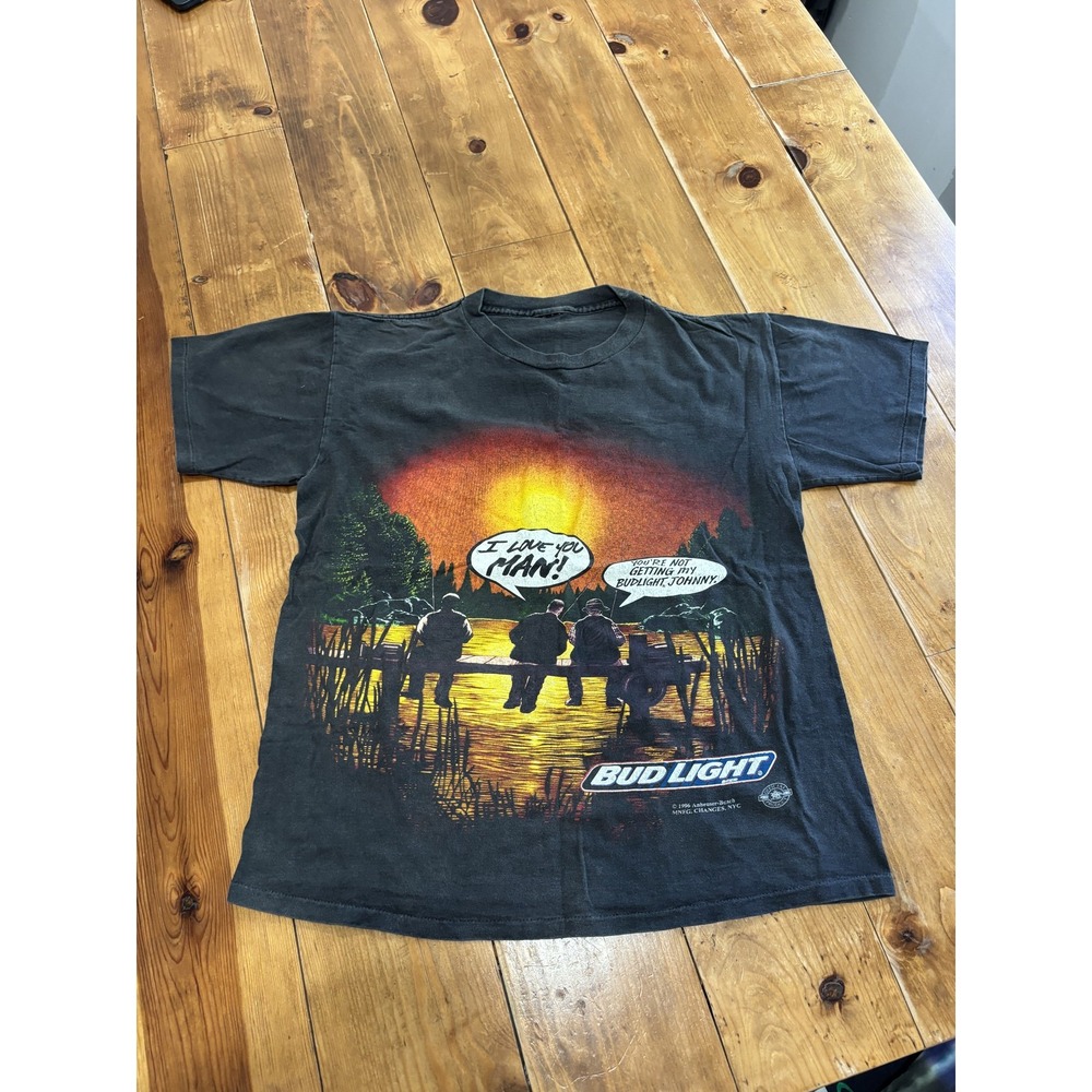 Vintage 1996 Bud Light 'I Love You Man' Fishing Sunset T-Shirt Advertising